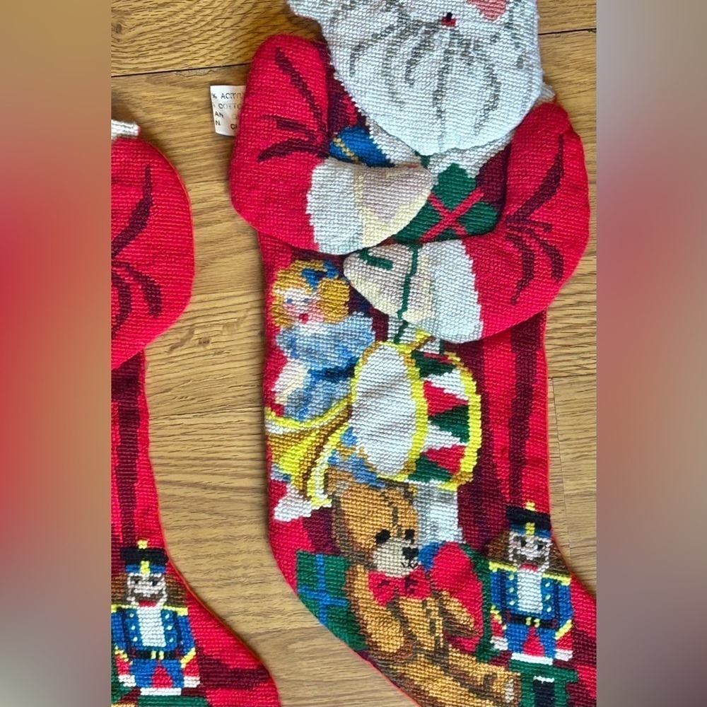 Vintage Handmade Needlepoint Christmas Stockings Set 2 Santa Toys 1990s Decor - Picture 14 of 16